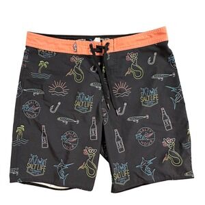 Salt Life SLX QD Board Shorts Men's 34 Black Neon Print Mermaid Fish Bottle